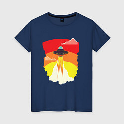 Футболка хлопковая женская Ретро летающий корабль НЛО, цвет: тёмно-синий