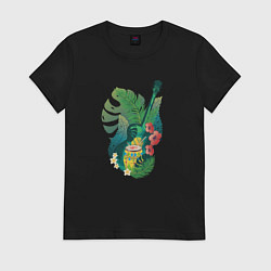 Женская футболка Ретро акустическая гитара с барабаном и тропически