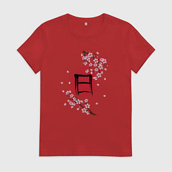Футболка хлопковая женская Цветущая сакура и красный круг с японским иероглиф, цвет: красный