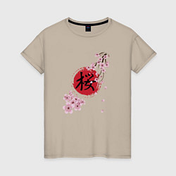 Женская футболка Цветущая вишня и красный круг с японским иероглифо
