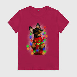 Футболка хлопковая женская Новогодняя такса, цвет: маджента
