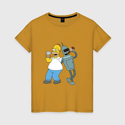 Футболка хлопковая женская Drunk Homer and Bender, цвет: горчичный