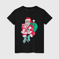 Футболка хлопковая женская Санта Клаус с мешком подарков на коньках, цвет: черный