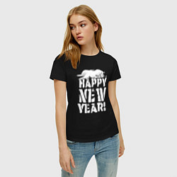 Футболка хлопковая женская Happy new year - кошечка, цвет: черный — фото 2