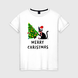 Женская футболка Кот валит новогоднюю ёлку