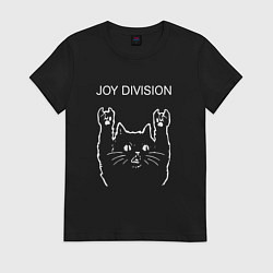 Футболка хлопковая женская Joy Division рок кот, цвет: черный