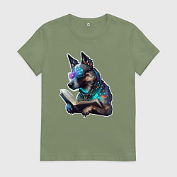 Футболка хлопковая женская Киберпанк собака с книгой, цвет: авокадо