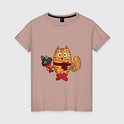 Женская футболка Влюбленный рыжий кот с рыбным букетом