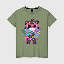 Женская футболка Кот супергерой с цветами