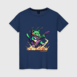 Футболка хлопковая женская Пиксельный кот гитарист, цвет: тёмно-синий