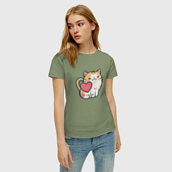 Футболка хлопковая женская Котик с сердечками, цвет: авокадо — фото 2