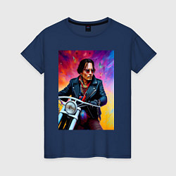 Женская футболка Джонни Депп на мотоцикле - нейросеть
