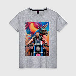 Женская футболка Арнольд Шварценеггер на мотоцикле - нейросеть
