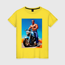 Женская футболка Arnold Schwarzenegger on a motorcycle -neural netw