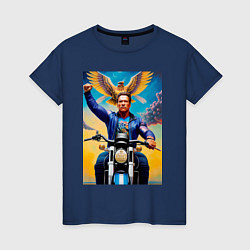 Футболка хлопковая женская Arnold Schwarzenegger on a cool motorcycle - neura, цвет: тёмно-синий