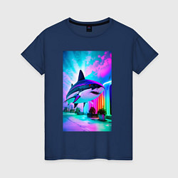 Женская футболка Неоновая акула - нейросеть