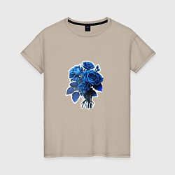 Футболка хлопковая женская Букет и синие розы, цвет: миндальный