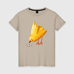 Футболка хлопковая женская Желтая птичка клюет зерна, цвет: миндальный