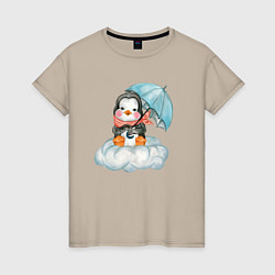 Женская футболка Пингвин на облаке с зонтом