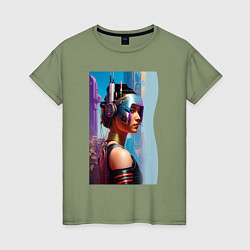 Женская футболка Girl in helmet - cyberpunk - neural network