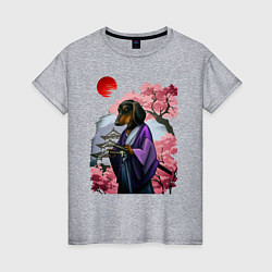 Женская футболка Такса-Самурай весенняя на фоне сакуры