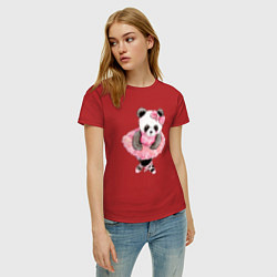 Футболка хлопковая женская Милая животная панда балерина акварель, цвет: красный — фото 2