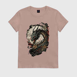 Футболка хлопковая женская Мифический японский дракон, цвет: пыльно-розовый
