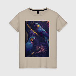 Футболка хлопковая женская Разноцветные попугаи, цвет: миндальный