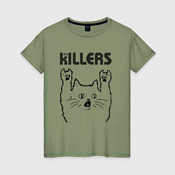 Футболка хлопковая женская The Killers - rock cat, цвет: авокадо