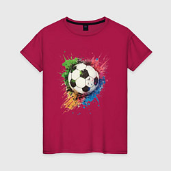 Футболка хлопковая женская Яркий футбольный мяч, цвет: маджента