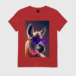 Футболка хлопковая женская Лама в очках, цвет: красный