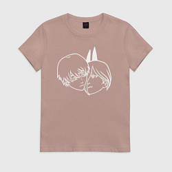 Футболка хлопковая женская Человек-бензопила головы Дэндзи и Пауэр, цвет: пыльно-розовый