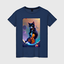 Футболка хлопковая женская Кот со скрипкой в космосе, цвет: тёмно-синий