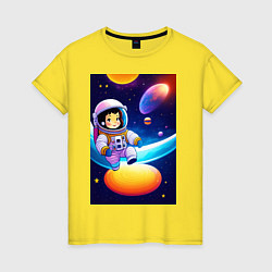 Футболка хлопковая женская Мультяшный астронавт, цвет: желтый