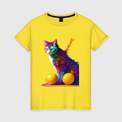 Футболка хлопковая женская Яркий котик, цвет: желтый