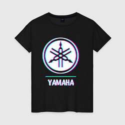 Футболка хлопковая женская Значок Yamaha в стиле glitch, цвет: черный