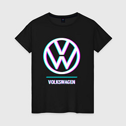 Футболка хлопковая женская Значок Volkswagen в стиле glitch, цвет: черный