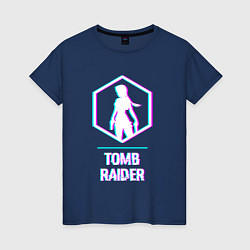 Футболка хлопковая женская Tomb Raider в стиле glitch и баги графики, цвет: тёмно-синий