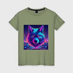 Женская футболка Волк в неоновых лучах киберпанк-города