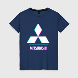 Футболка хлопковая женская Значок Mitsubishi в стиле glitch, цвет: тёмно-синий