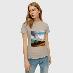 Футболка хлопковая женская Ретро поезд, цвет: миндальный — фото 2
