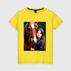Футболка хлопковая женская Девочка с лошадью, цвет: желтый
