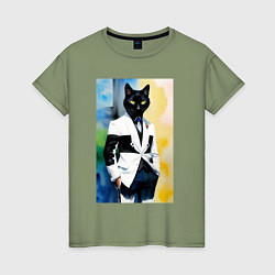 Женская футболка Модный чёрный кот-джентльмен - мем