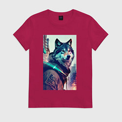 Футболка хлопковая женская Волк - житель мегаполиса, цвет: маджента