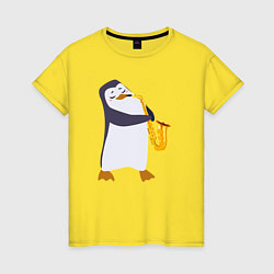 Футболка хлопковая женская Пингвин играет на инструменте, цвет: желтый