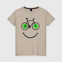Женская футболка Клевер четырехлистный на колесах велосипеда