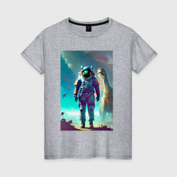 Женская футболка Космонавт на планете динозавров - нейросеть