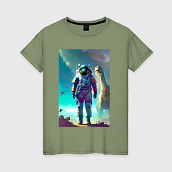 Женская футболка Космонавт на планете динозавров - нейросеть