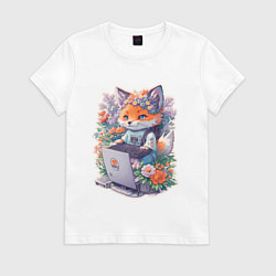 Футболка хлопковая женская Лиса геймер за компьютером, цвет: белый