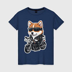 Футболка хлопковая женская Shiba Inu собака мотоциклист, цвет: тёмно-синий